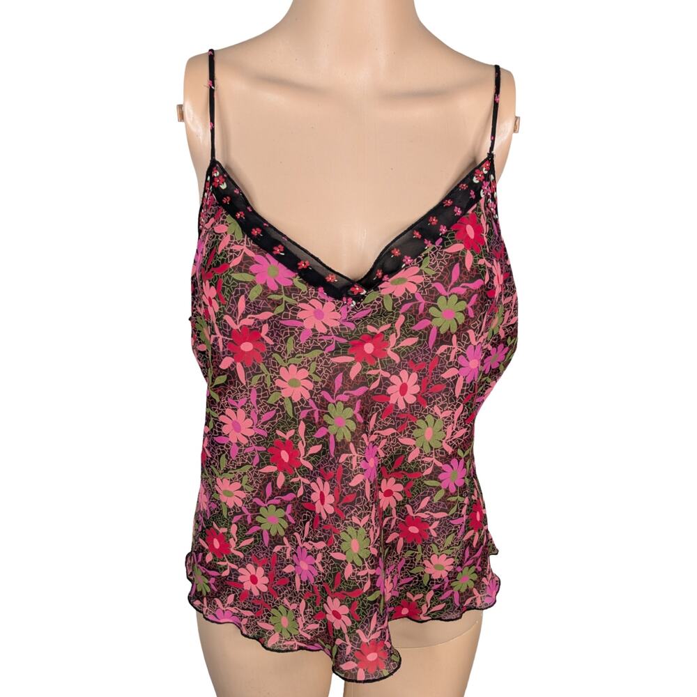 Vtg Y2K Josie Natori Pink Black Floral Sheer Chiffon Camisole Tank Top SZ L
